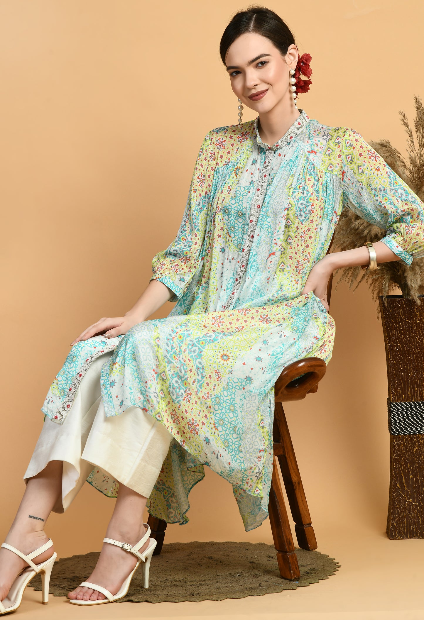 Printed Tunic with White Pants (Coord)