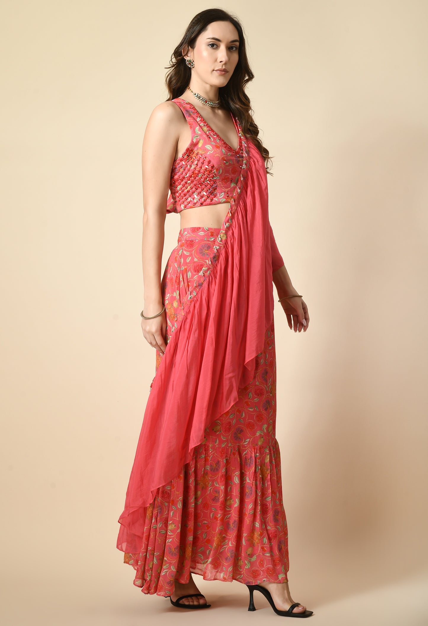 Red Chinon Chiffon & Organza Digital Printed Draped Saree Set