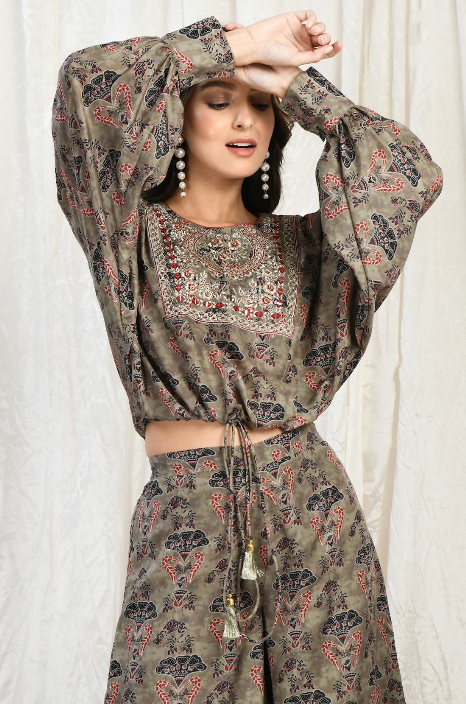 Printed Satin Georgette Crop & Plazoo Set