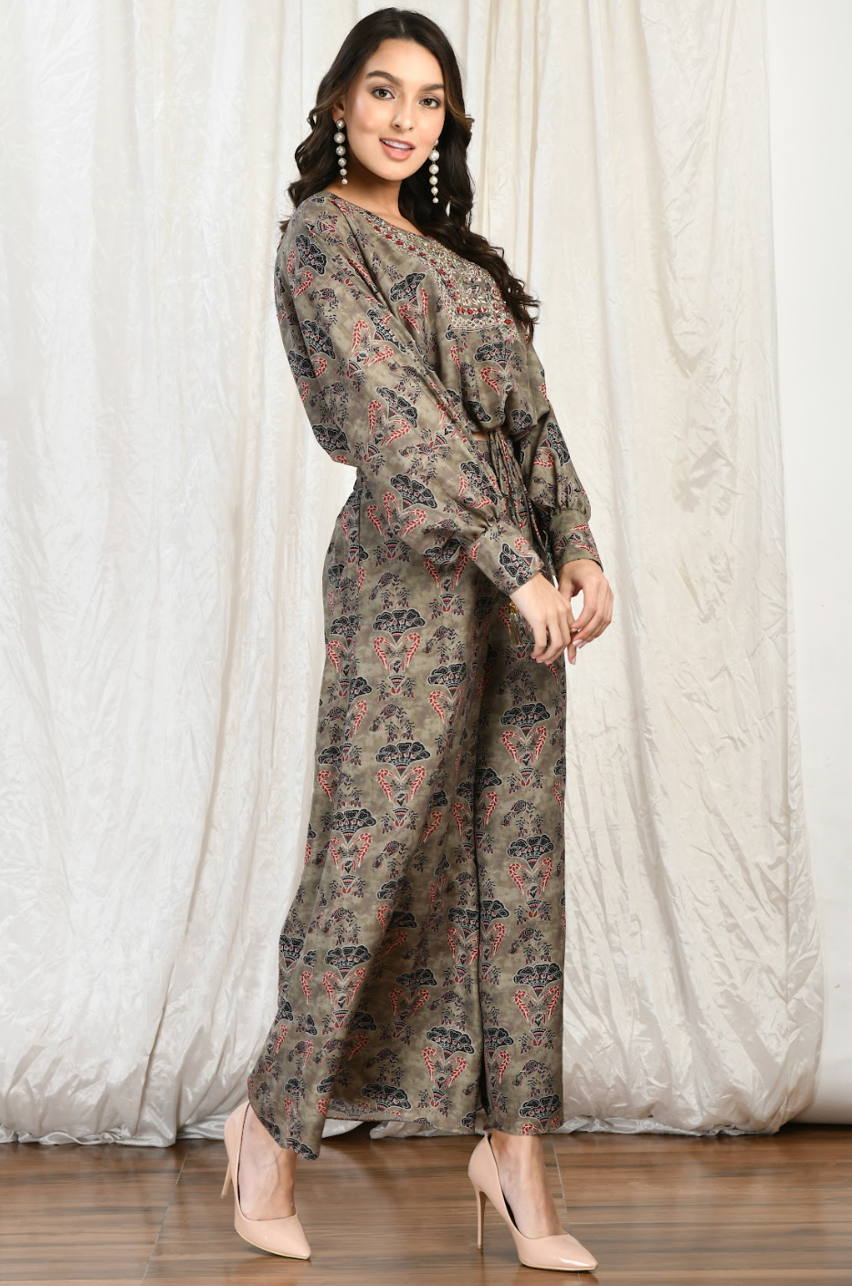 Printed Satin Georgette Crop & Plazoo Set