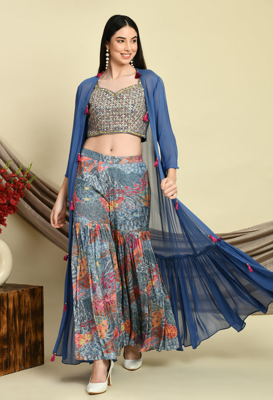 Resham Fusion Chic: Embroidered Blouse, Sharara & Georgette Shrug