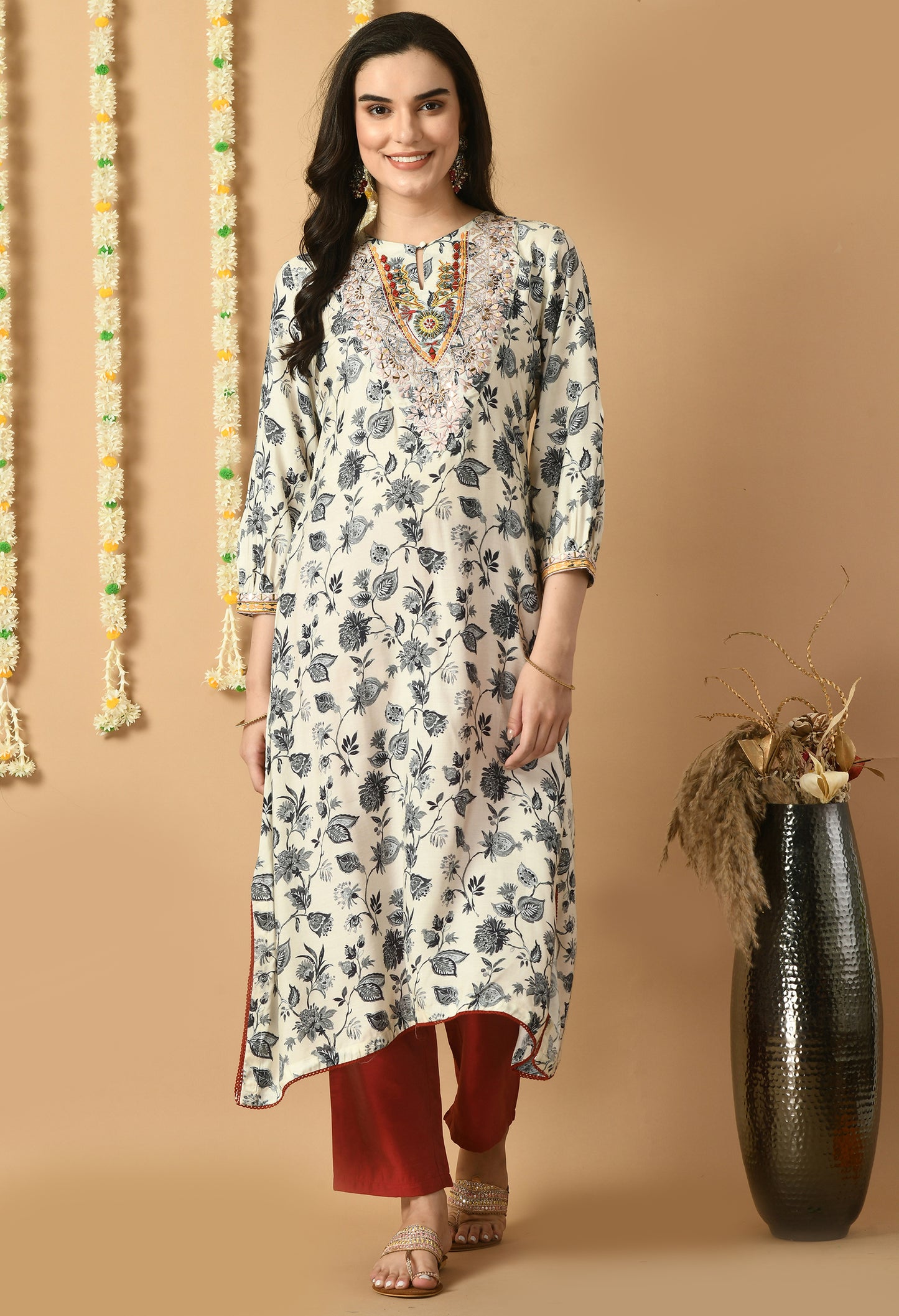 White Muslin Digital Printed & Embroidered Kurta Set