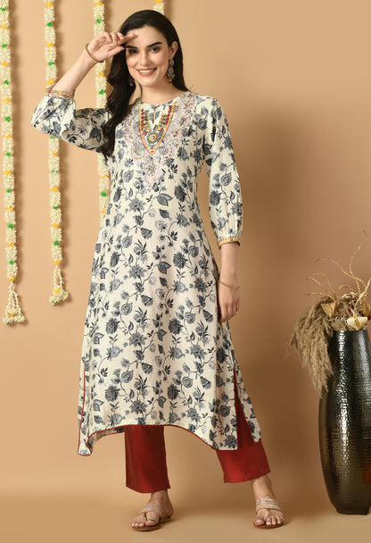 White Muslin Digital Printed & Embroidered Kurta Set