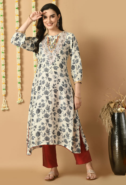 White Muslin Digital Printed & Embroidered Kurta Set