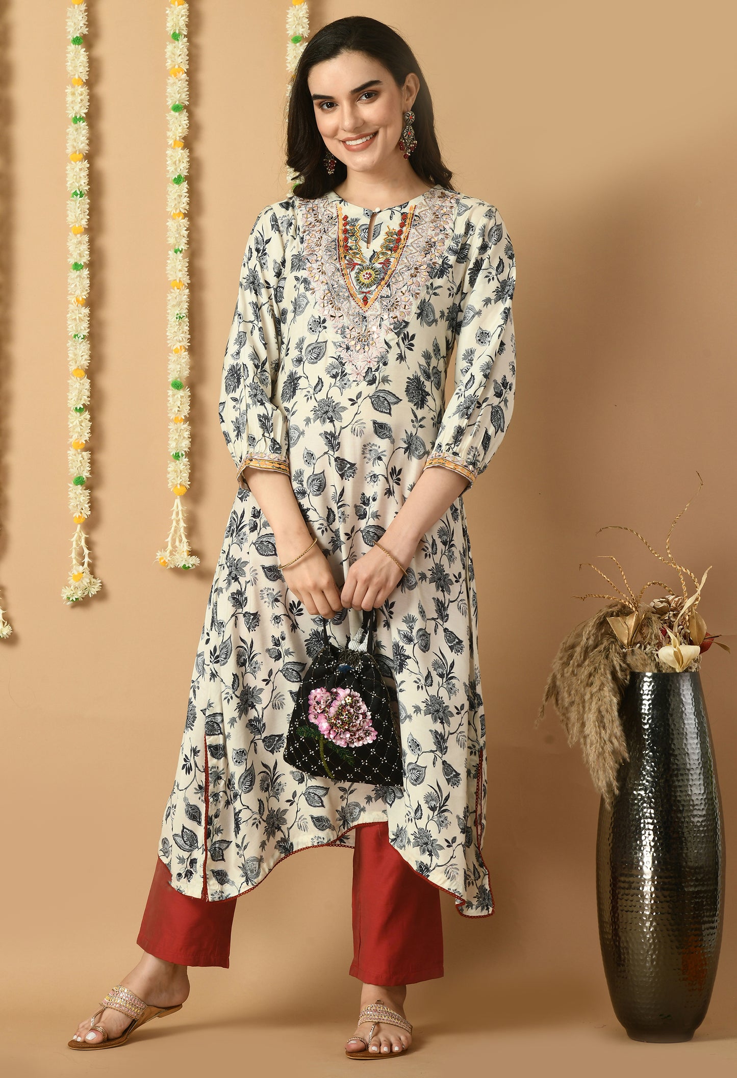 White Muslin Digital Printed & Embroidered Kurta Set