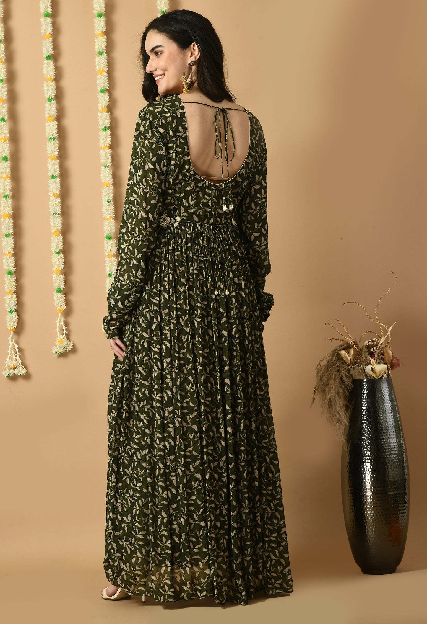 Dark Green Chinon Chiffon Digital Printed & Embroidered Anarkali Gown With Belt