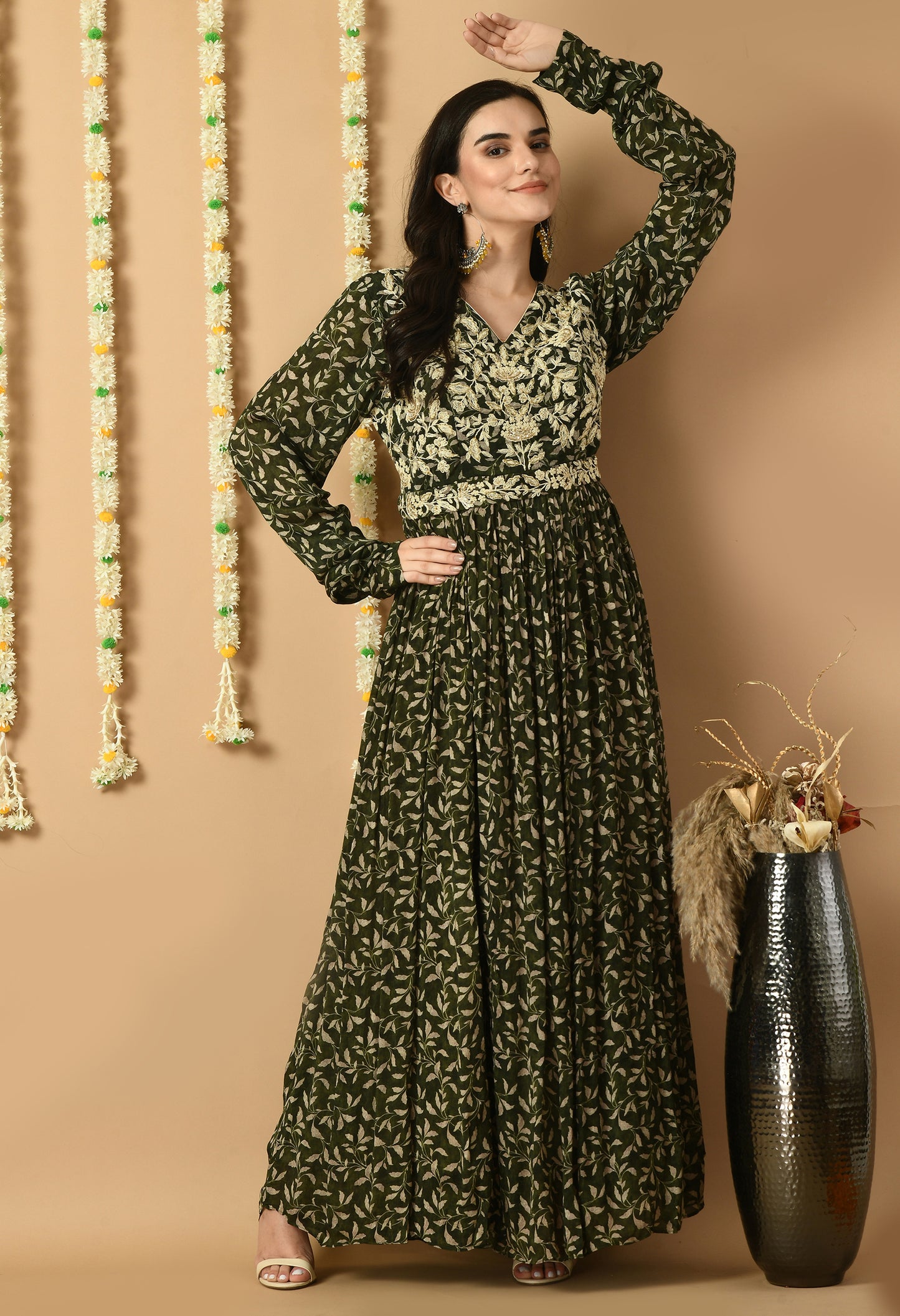 Dark Green Chinon Chiffon Digital Printed & Embroidered Anarkali Gown With Belt