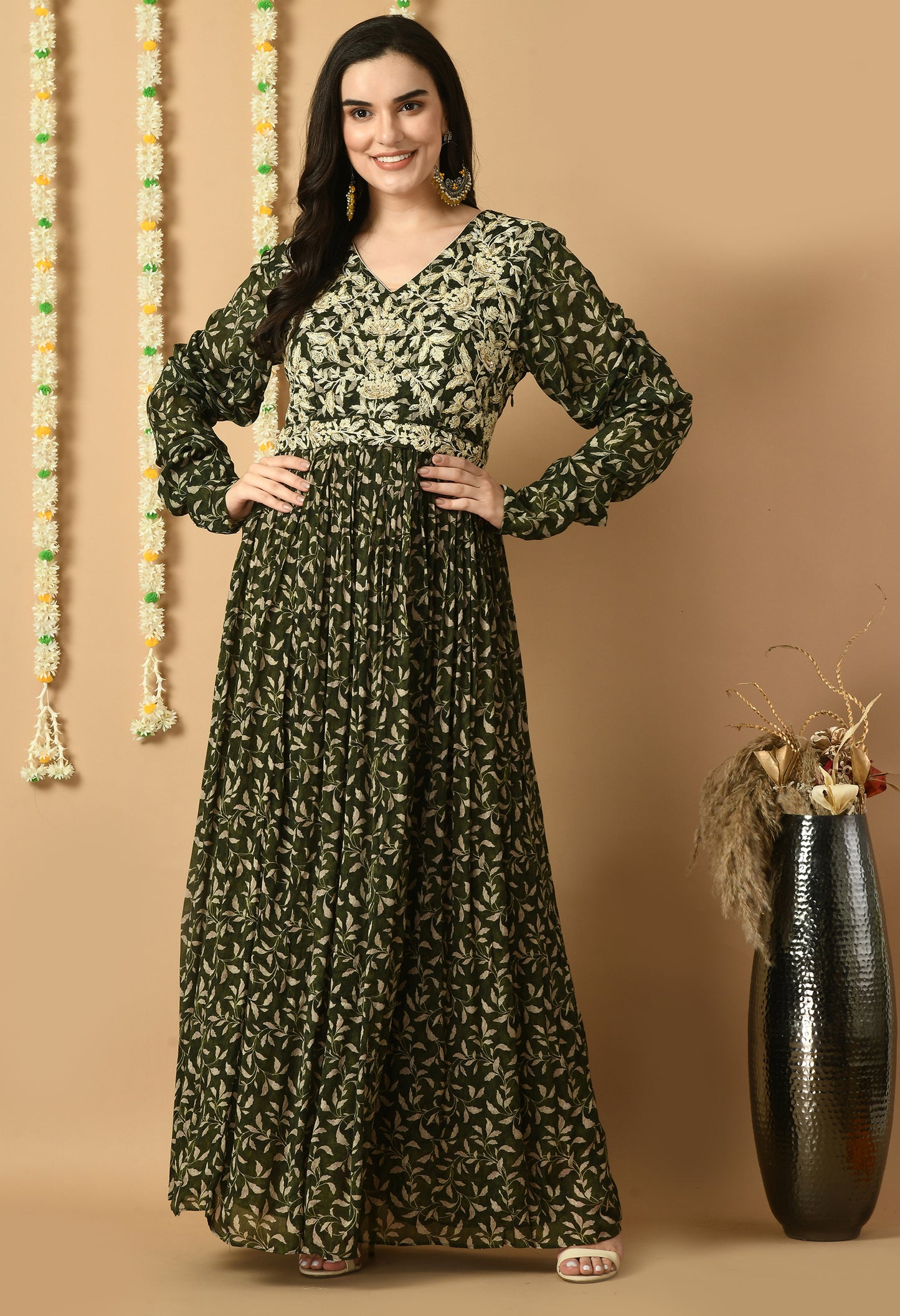 Dark Green Chinon Chiffon Digital Printed & Embroidered Anarkali Gown With Belt