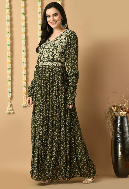 Dark Green Chinon Chiffon Digital Printed & Embroidered Anarkali Gown With Belt