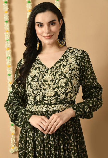 Dark Green Chinon Chiffon Digital Printed & Embroidered Anarkali Gown With Belt