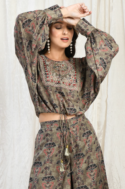 Printed Satin Georgette Crop & Plazoo Set