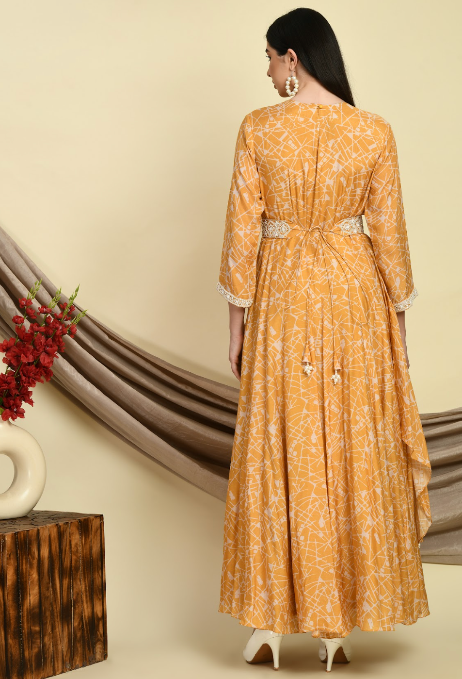 Mustard Muslin Printed Gown