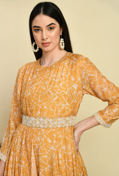 Mustard Muslin Printed Gown