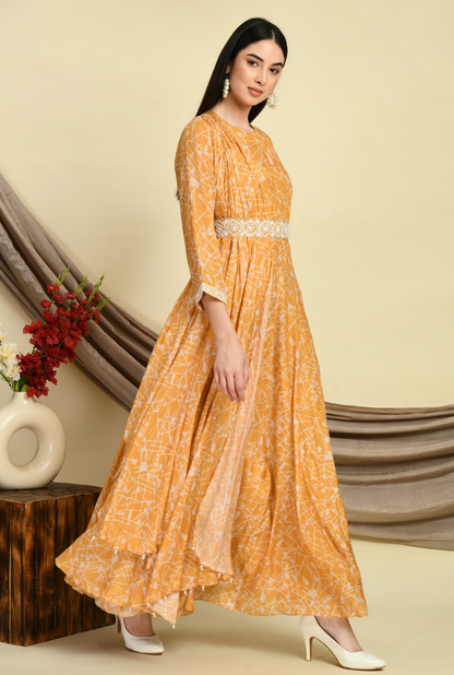 Mustard Muslin Printed Gown