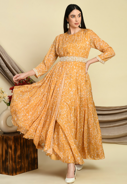 Mustard Muslin Printed Gown