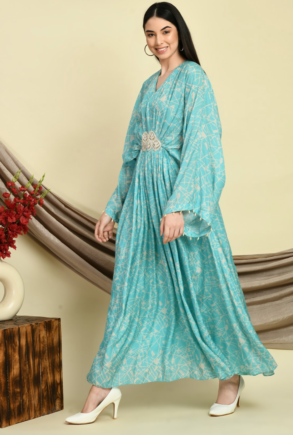 Geometric Print Maslin Gown with Handwork Boota