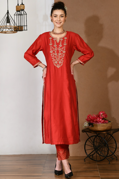 Artisanal Red Chanderi Kurta Set