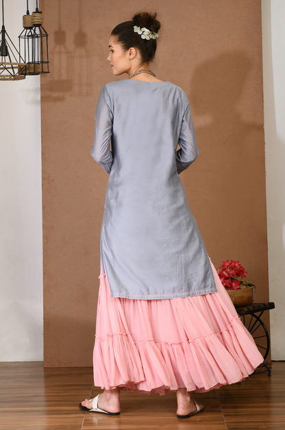 Silver Chanderi Threadwork Kurta & Georgette Sharara Set