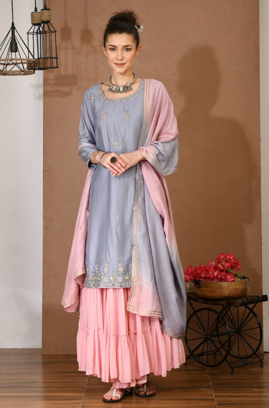 Silver Chanderi Threadwork Kurta & Georgette Sharara Set