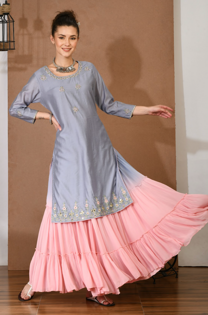 Silver Chanderi Threadwork Kurta & Georgette Sharara Set