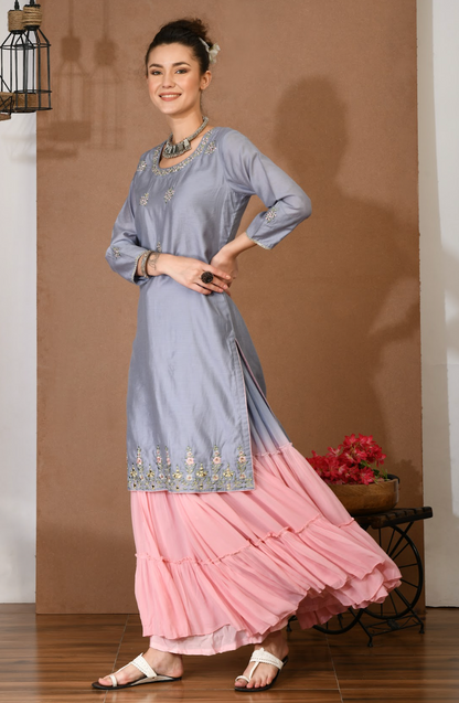 Silver Chanderi Threadwork Kurta & Georgette Sharara Set