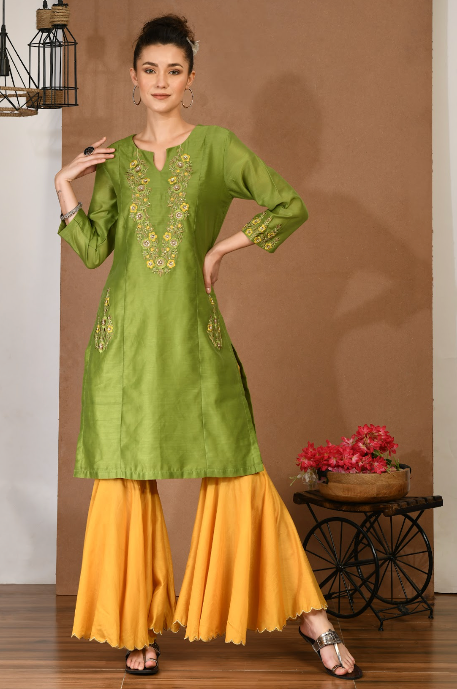 Artisan Green Chanderi Kurta & Mustard sharara