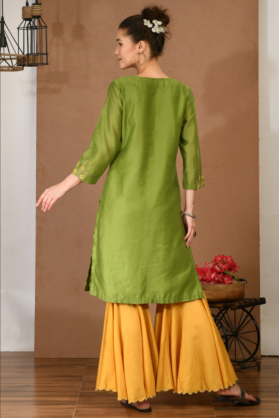 Artisan Green Chanderi Kurta & Mustard sharara