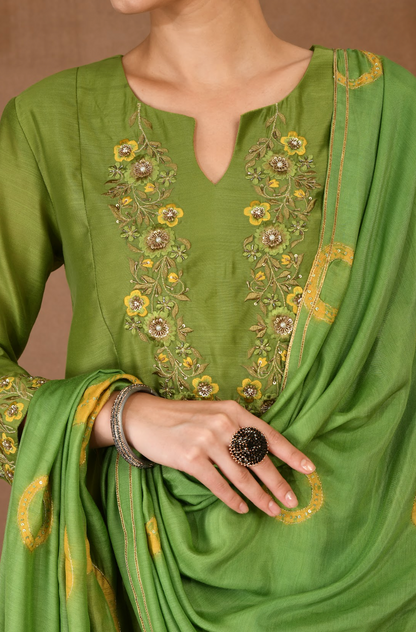 Artisan Green Chanderi Kurta & Mustard sharara