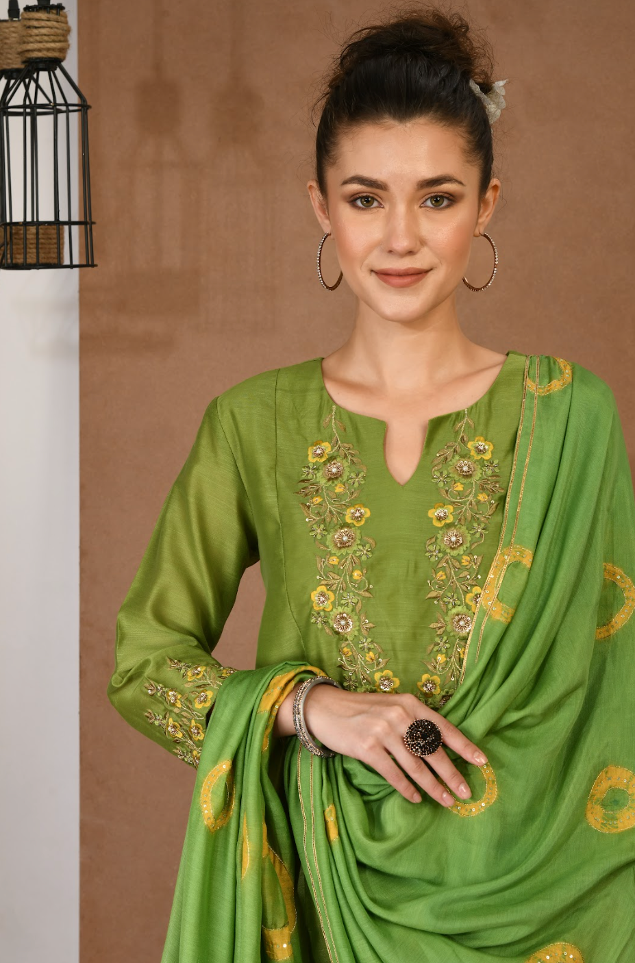 Artisan Green Chanderi Kurta & Mustard sharara