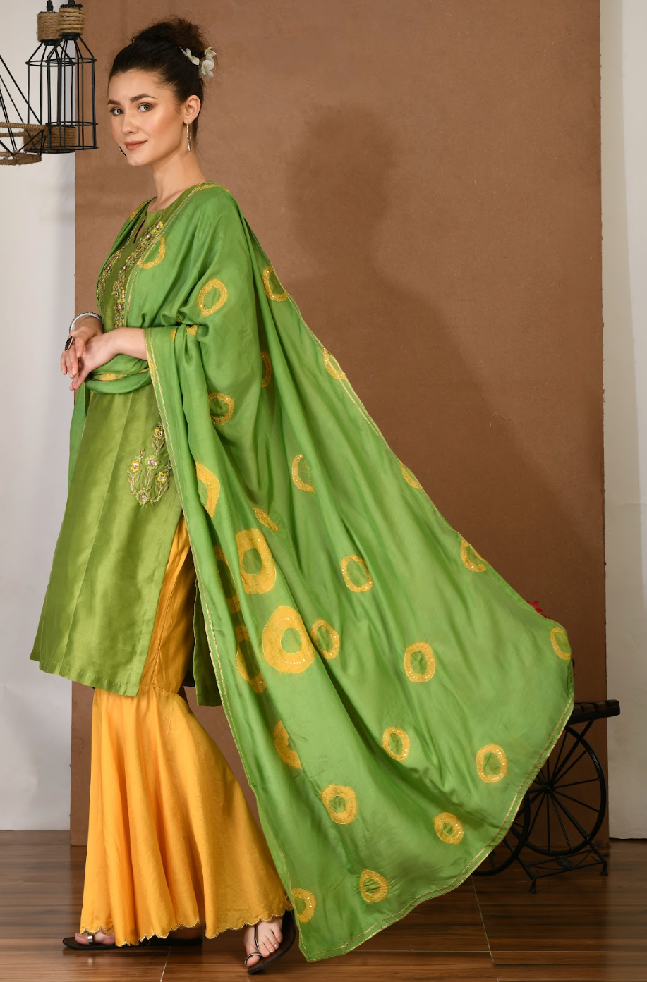 Artisan Green Chanderi Kurta & Mustard sharara