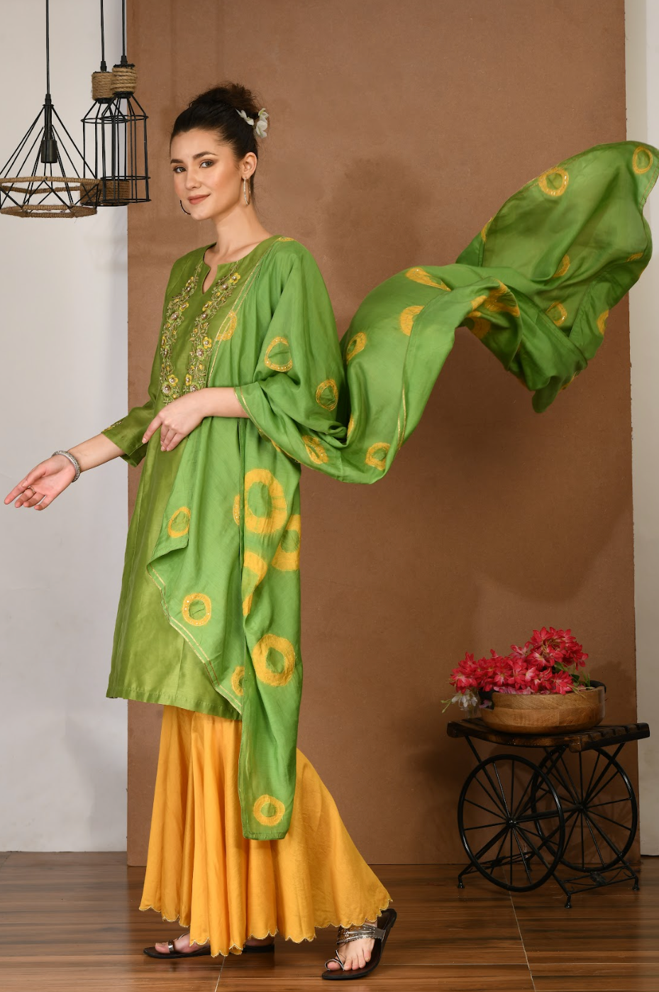 Artisan Green Chanderi Kurta & Mustard sharara