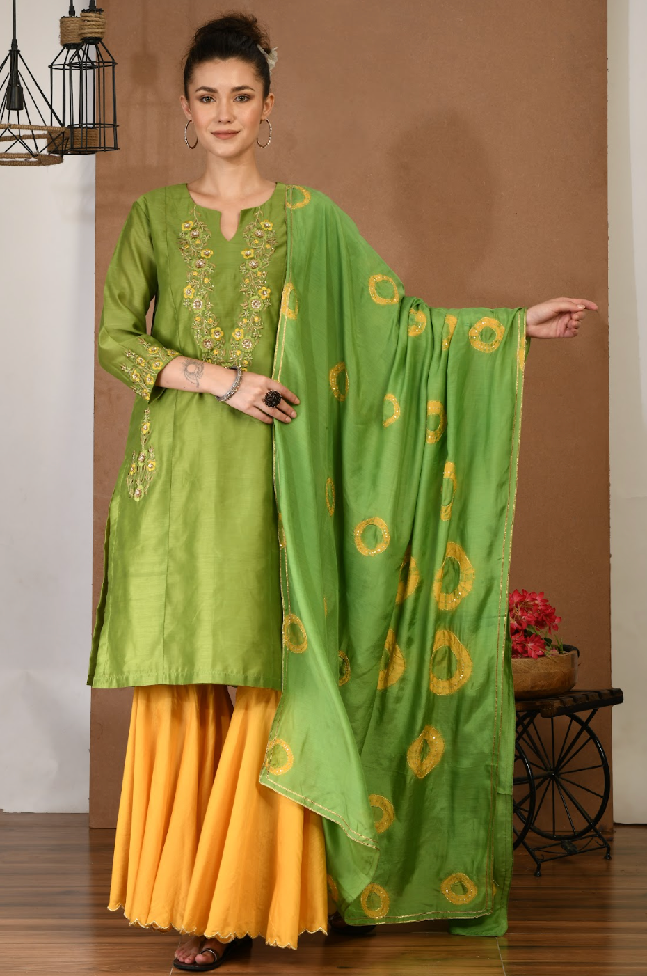 Artisan Green Chanderi Kurta & Mustard sharara