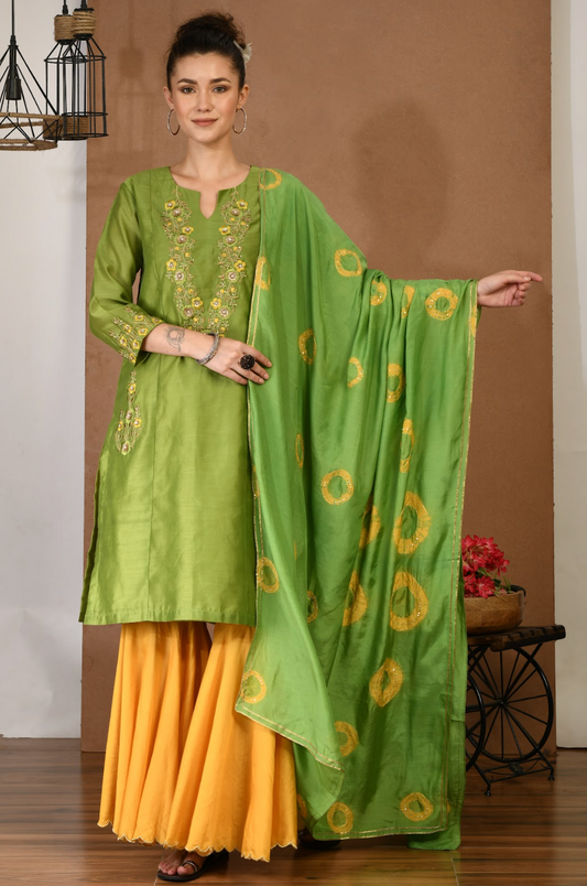 Artisan Green Chanderi Kurta & Mustard sharara