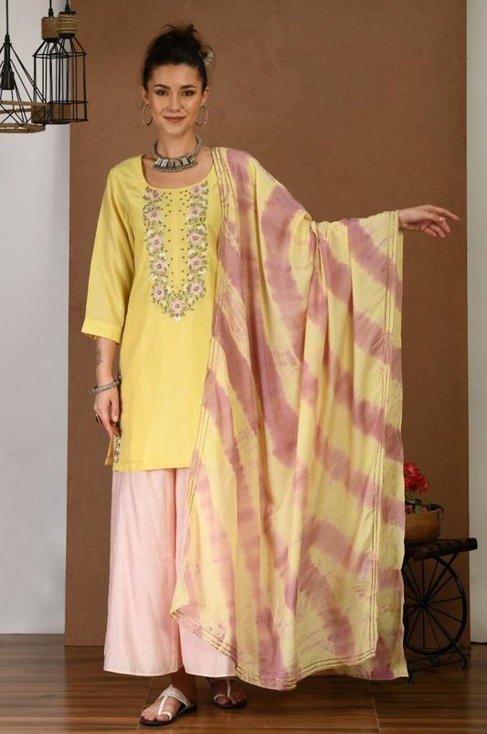 Yellow Kurta Set with Shaded Dupatta & Plazo