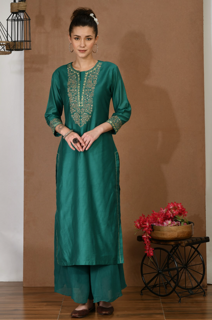 Chanderi Green Kurta & Georgette Plazoo Set