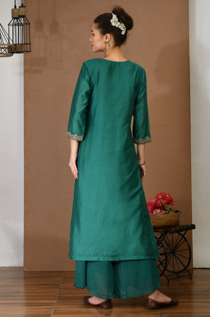 Chanderi Green Kurta & Georgette Plazoo Set