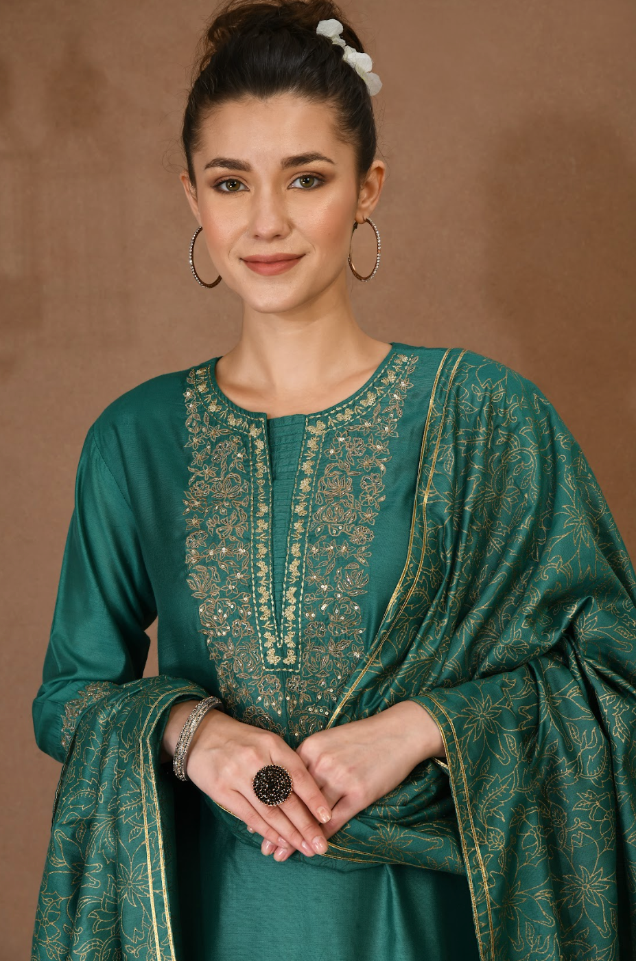 Chanderi Green Kurta & Georgette Plazoo Set