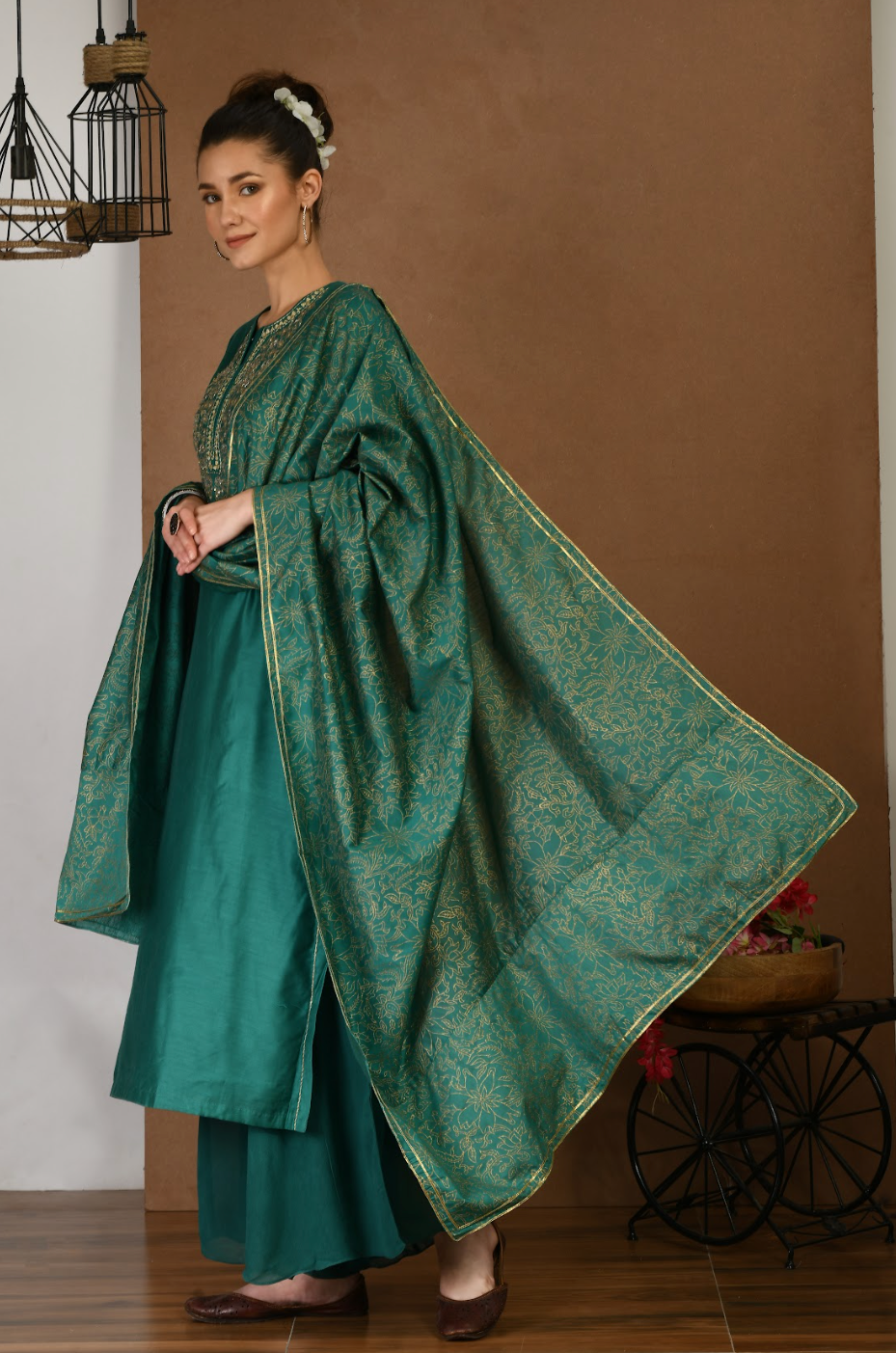 Chanderi Green Kurta & Georgette Plazoo Set