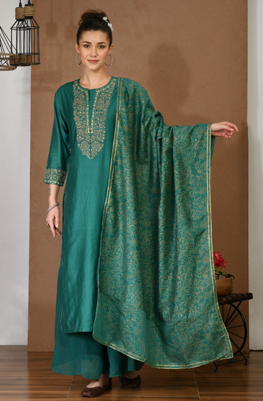 Chanderi Green Kurta & Georgette Plazoo Set