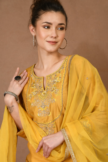 Mustard Chanderi Kurta & Georgette Sharara Set