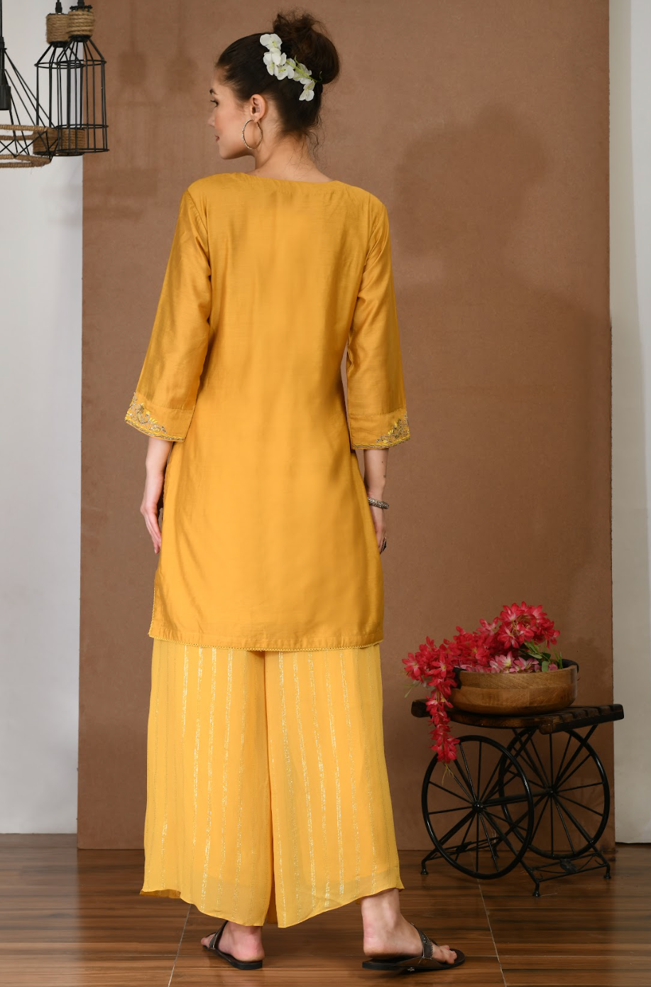 Mustard Chanderi Kurta & Georgette Sharara Set