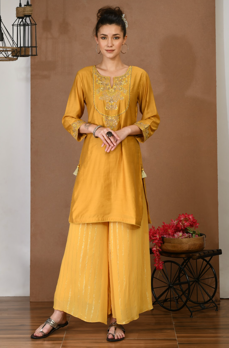 Mustard Chanderi Kurta & Georgette Sharara Set