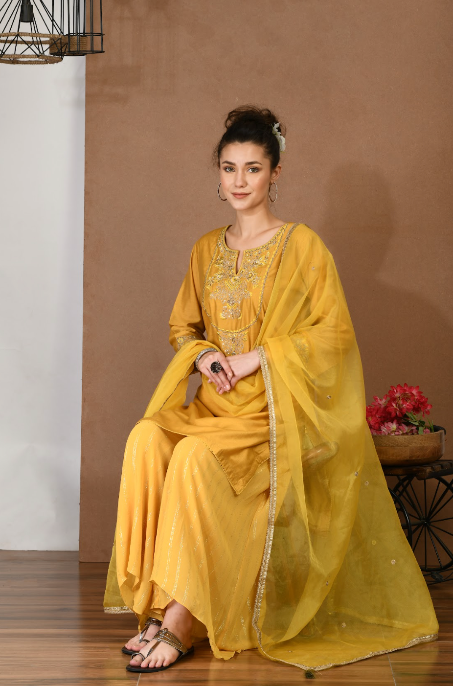 Mustard Chanderi Kurta & Georgette Sharara Set