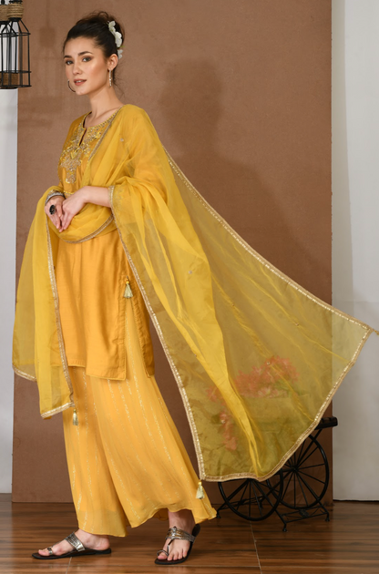 Mustard Chanderi Kurta & Georgette Sharara Set