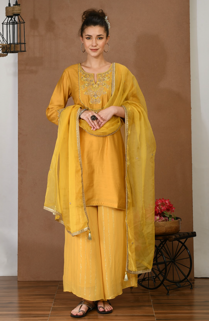 Mustard Chanderi Kurta & Georgette Sharara Set