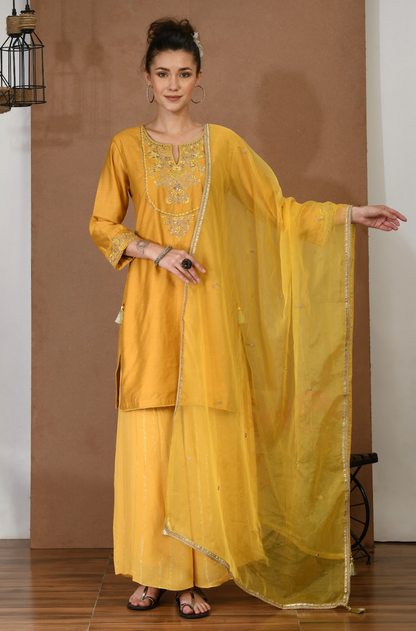 Mustard Chanderi Kurta & Georgette Sharara Set