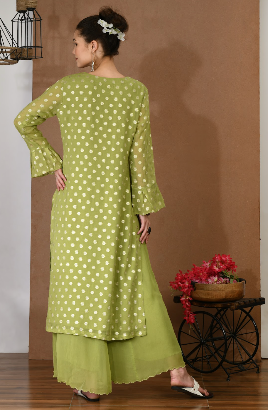 Green Khadi Kurta & Georgette Sharara