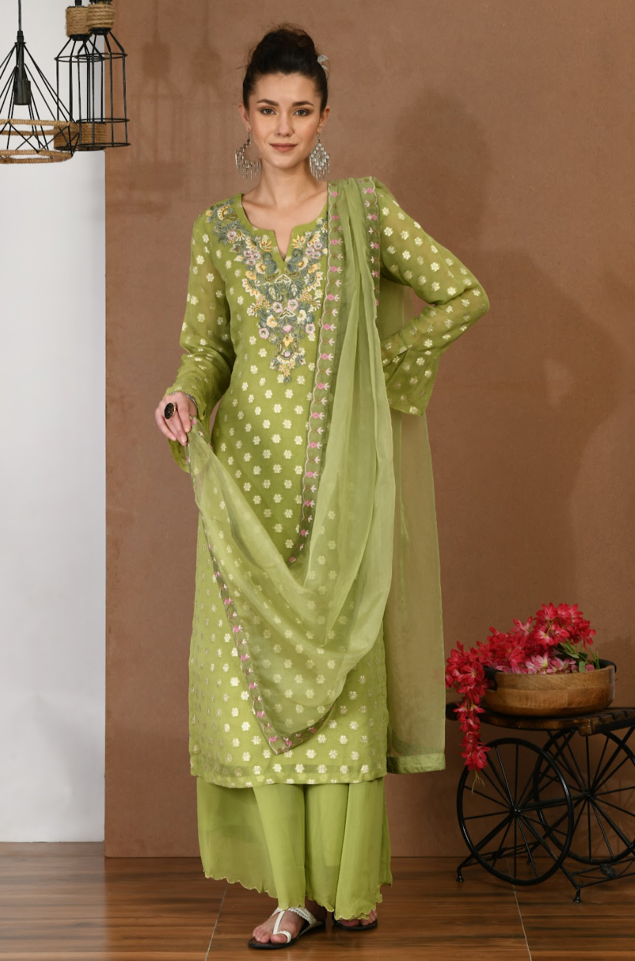 Green Khadi Kurta & Georgette Sharara