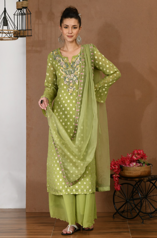 Green Khadi Kurta & Georgette Sharara