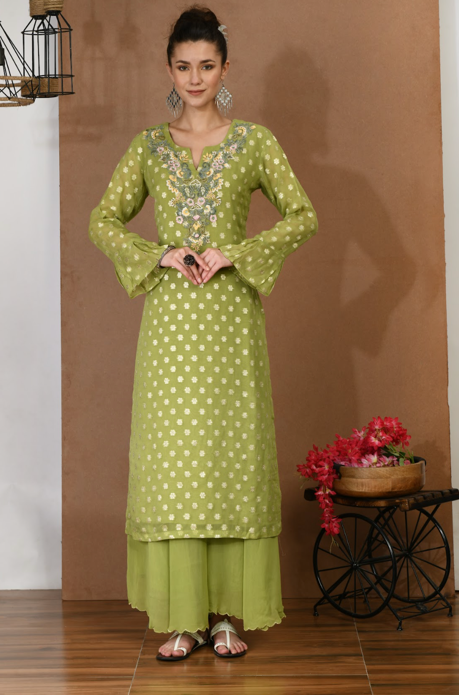 Green Khadi Kurta & Georgette Sharara